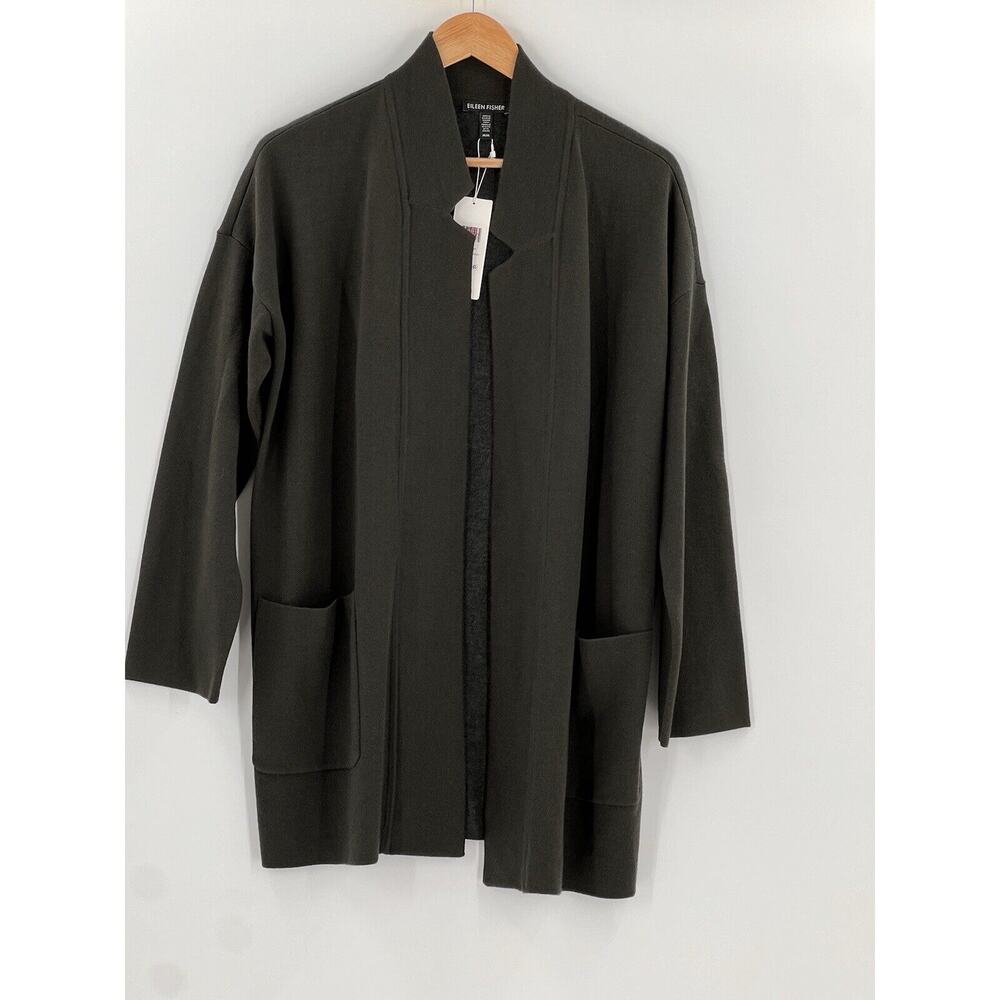 Eileen Fisher Notch Collar Cardigan Merino Wool Silk Blend Open Olive Green